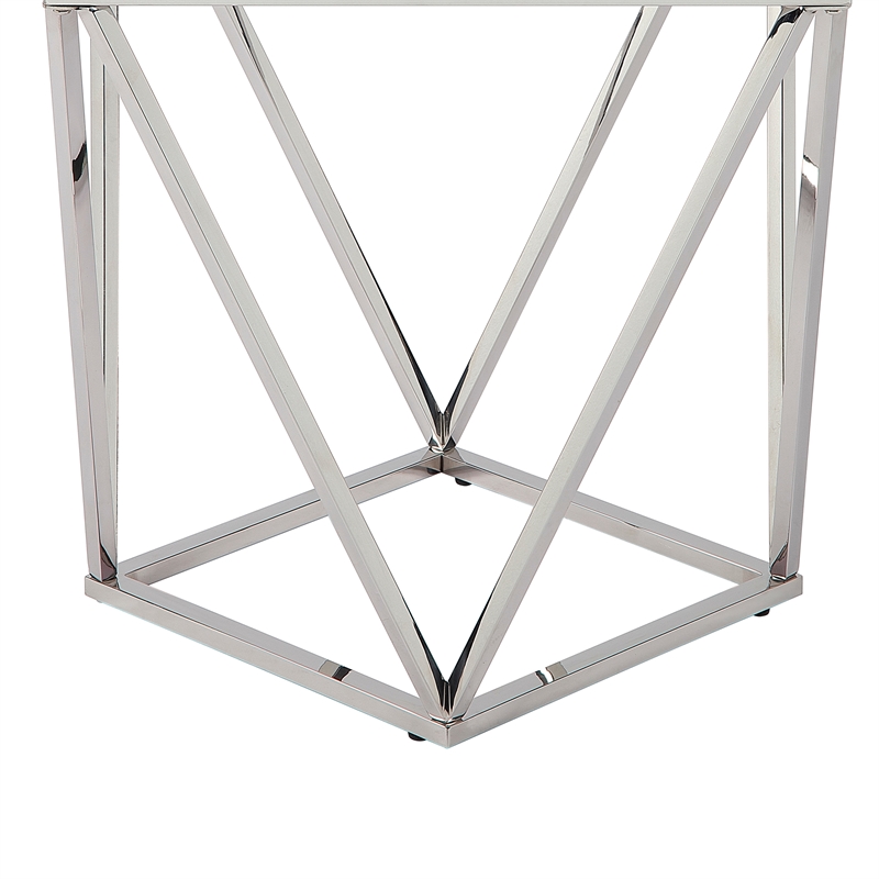 Allie End Table- White Sintered Stone- Silver Stainless Steel 21 Inch