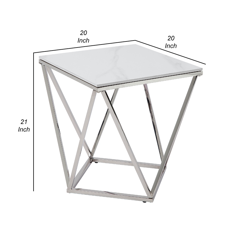 Allie End Table- White Sintered Stone- Silver Stainless Steel 21 Inch
