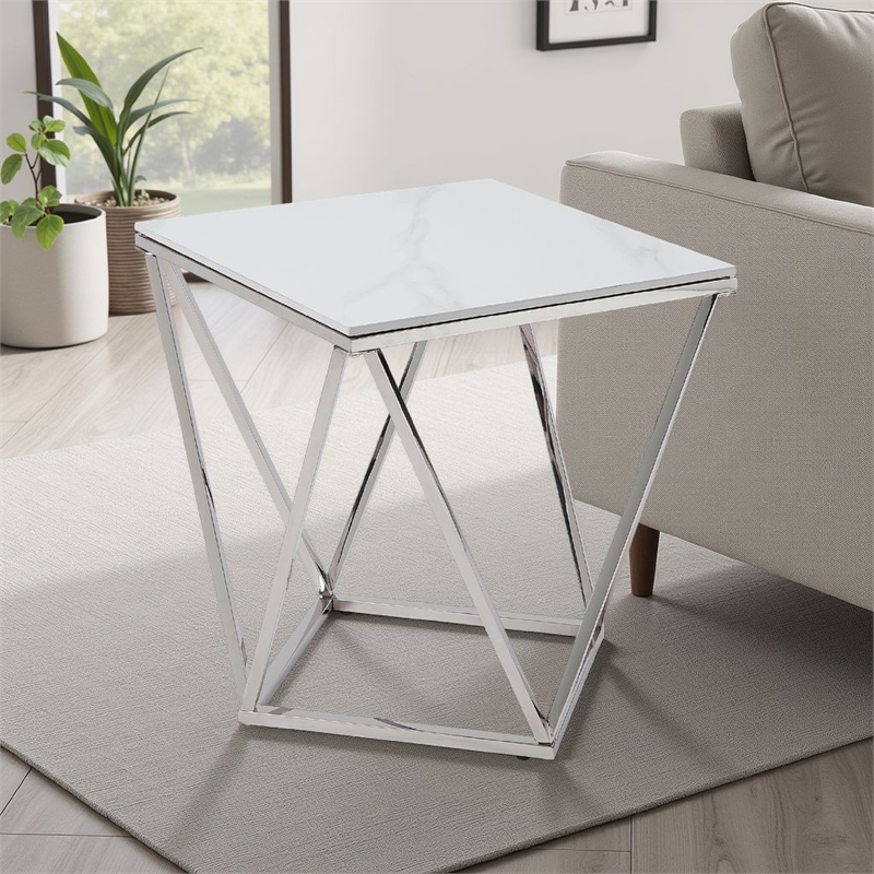 Allie End Table- White Sintered Stone- Silver Stainless Steel 21 Inch