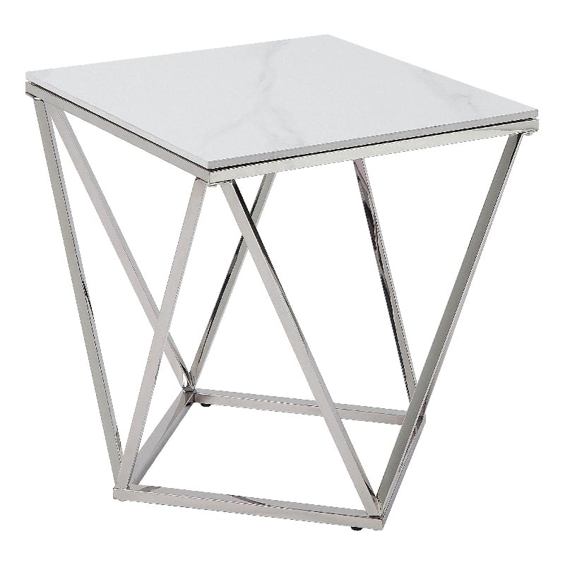 Allie End Table- White Sintered Stone- Silver Stainless Steel 21 Inch