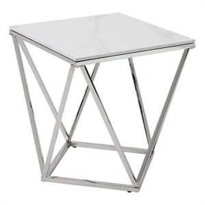 Allie End Table- White Sintered Stone- Silver Stainless Steel 21 Inch