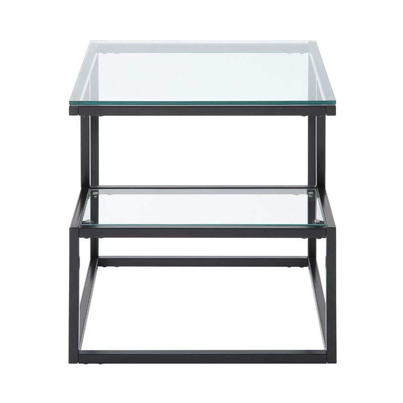 Elena End Table with 2-Tier Design- Glass Top and Shelf- Black Metal