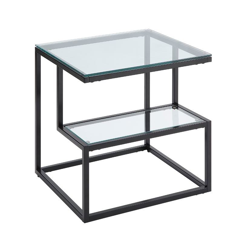 Elena End Table with 2-Tier Design- Glass Top and Shelf- Black Metal