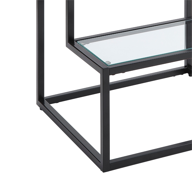 Elena End Table with 2-Tier Design- Glass Top and Shelf- Black Metal