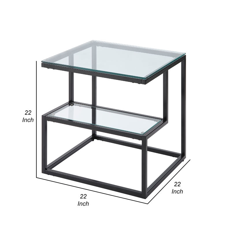 Elena End Table with 2-Tier Design- Glass Top and Shelf- Black Metal
