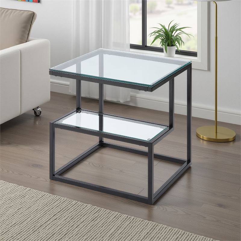 Elena End Table with 2-Tier Design- Glass Top and Shelf- Black Metal