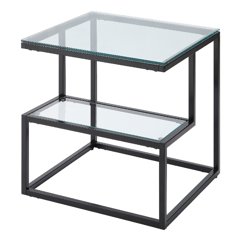 Elena End Table with 2-Tier Design- Glass Top and Shelf- Black Metal