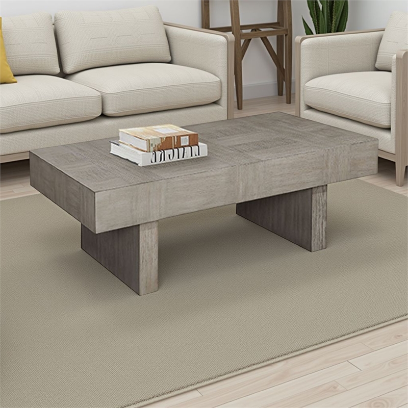 Lezy Coffee Table- 52 Inch- Gray Oak Wood Top- Double Pedestal Base
