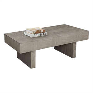 Lezy Coffee Table- 52 Inch- Gray Oak Wood Top- Double Pedestal Base