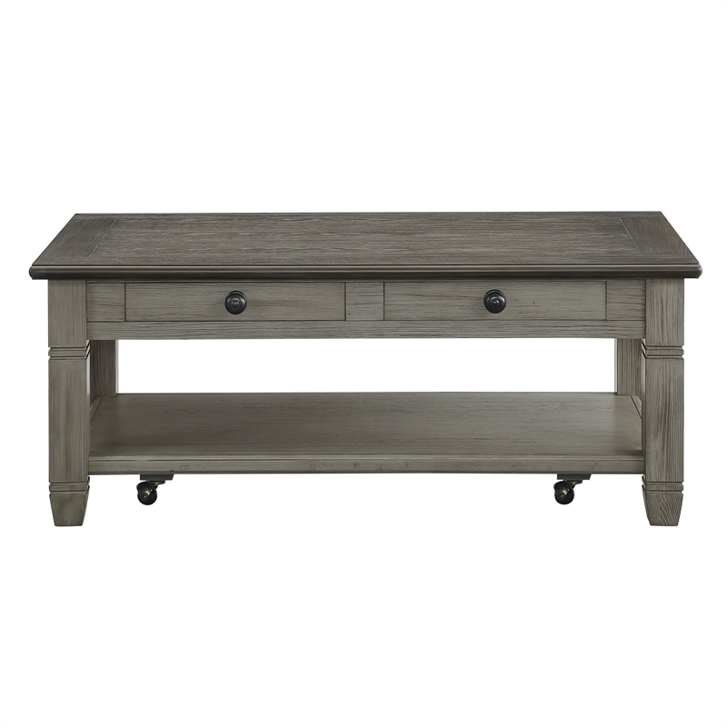 Rome 48 Inch Cocktail Table- 2 Drawers- Casters- Brown and Gray Solid Wood