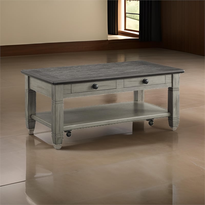 Rome 48 Inch Cocktail Table- 2 Drawers- Casters- Brown and Gray Solid Wood