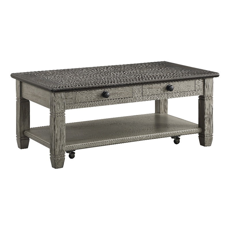 Rome 48 Inch Cocktail Table- 2 Drawers- Casters- Brown and Gray Solid Wood