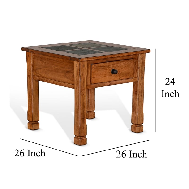 Marv Side End Table w Drawer- 26 Inch Square Slate Inlay Top- Brown