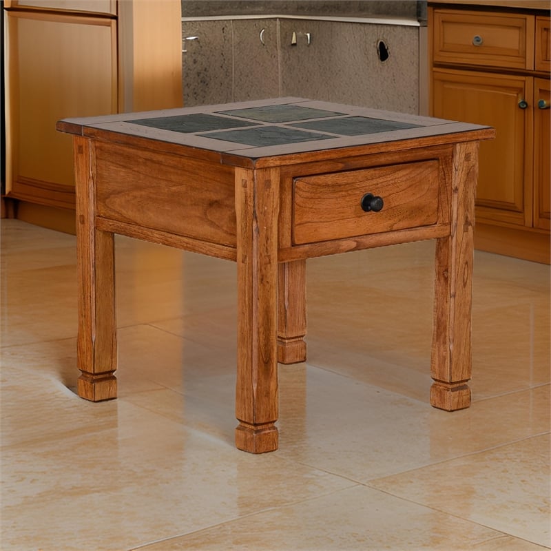 Marv Side End Table w Drawer- 26 Inch Square Slate Inlay Top- Brown