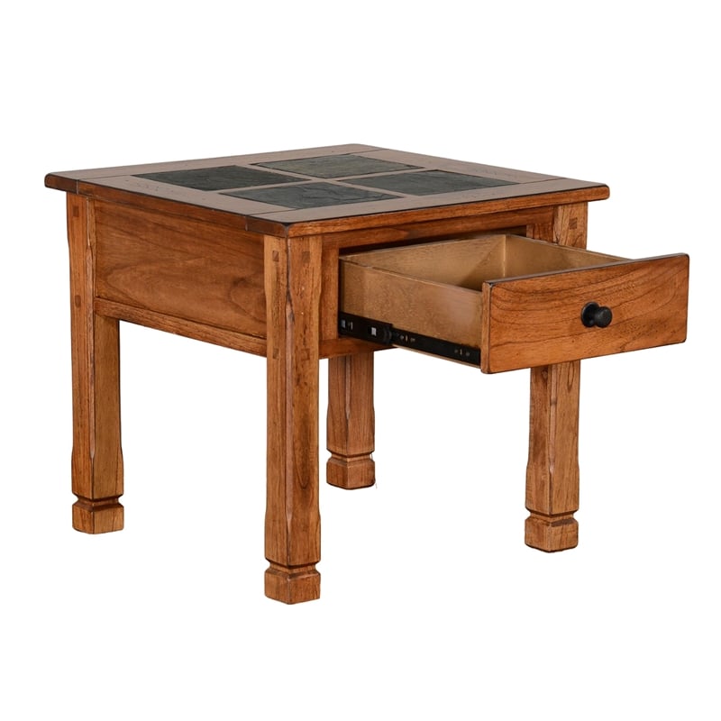 Marv Side End Table w Drawer- 26 Inch Square Slate Inlay Top- Brown
