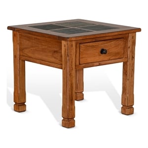 Marv Side End Table w Drawer- 26 Inch Square Slate Inlay Top- Brown