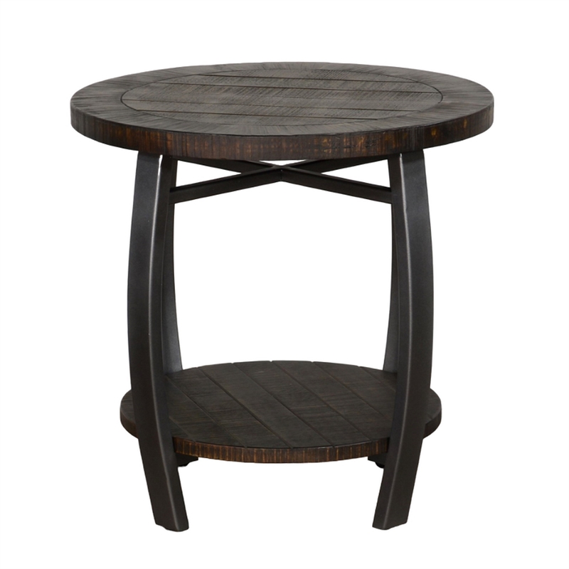 Flint Side End Table w Shelf- Barrel Shape- 24 Inch Dark Brown Round