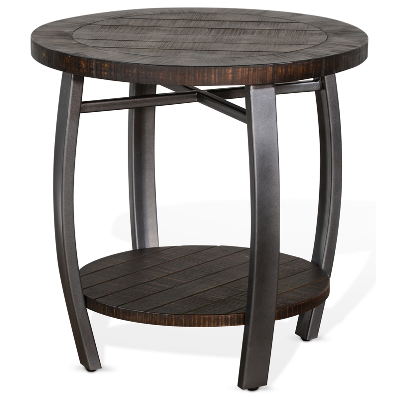Flint Side End Table w Shelf- Barrel Shape- 24 Inch Dark Brown Round