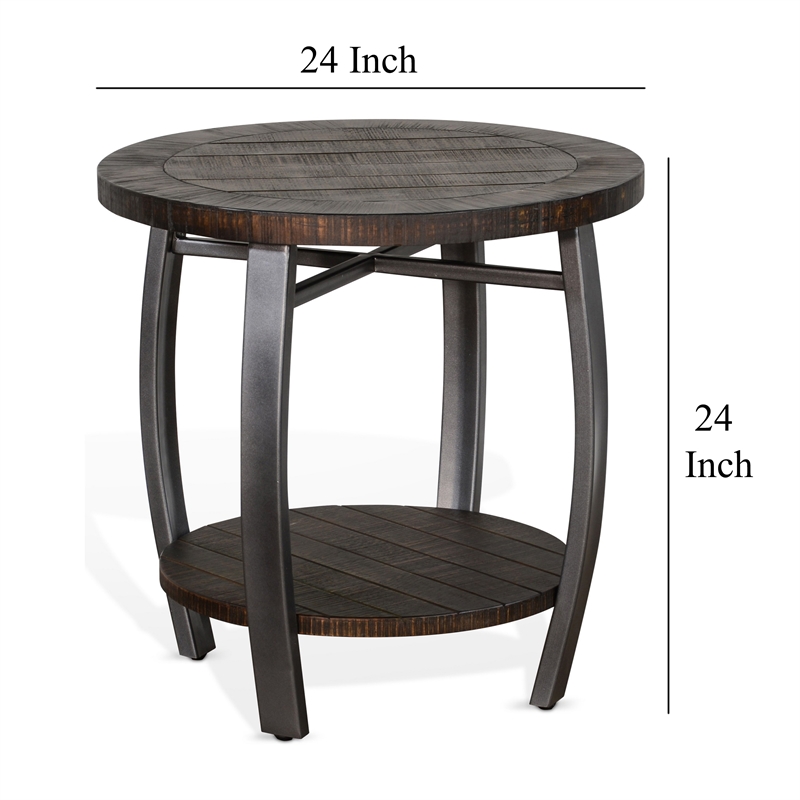 Flint Side End Table w Shelf- Barrel Shape- 24 Inch Dark Brown Round