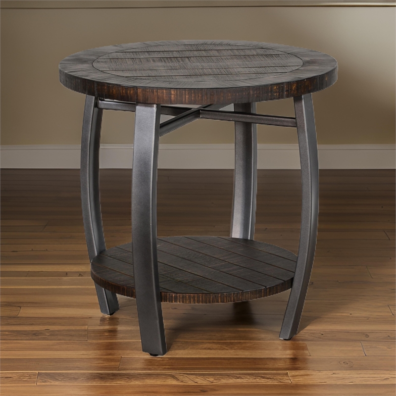 Flint Side End Table w Shelf- Barrel Shape- 24 Inch Dark Brown Round