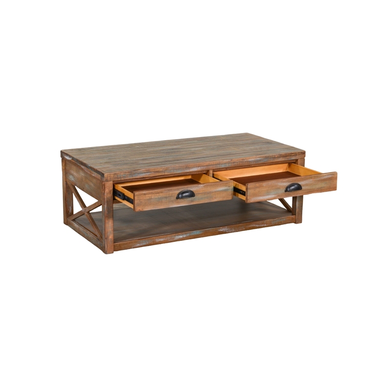 Rany Cocktail Table- 2 Drawers- Shelf- 48 Inch Rectangular Light Brown