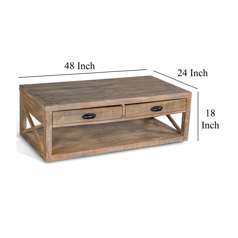 Rany Cocktail Table- 2 Drawers- Shelf- 48 Inch Rectangular Light Brown