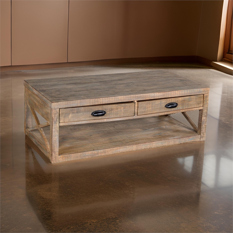 Rany Cocktail Table- 2 Drawers- Shelf- 48 Inch Rectangular Light Brown