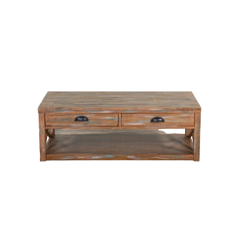 Rany Cocktail Table- 2 Drawers- Shelf- 48 Inch Rectangular Light Brown
