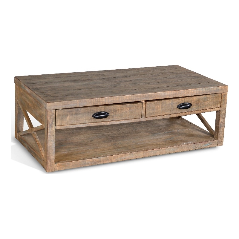 Rany Cocktail Table- 2 Drawers- Shelf- 48 Inch Rectangular Light Brown