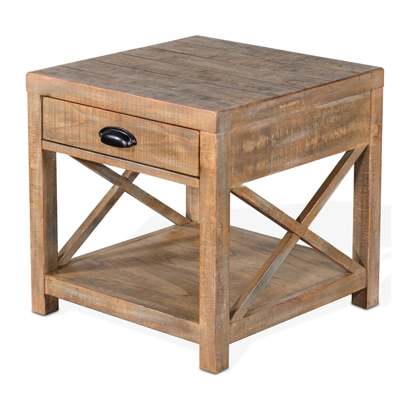 Rany Side End Table- Drawer- Shelf- 22 Inch Square Top- Light Brown