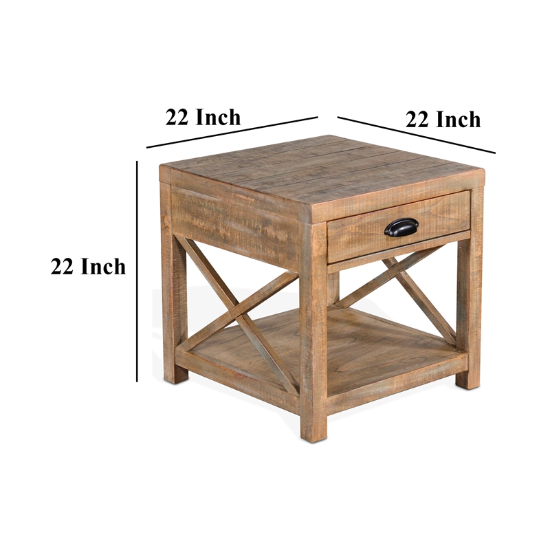 Rany Side End Table- Drawer- Shelf- 22 Inch Square Top- Light Brown