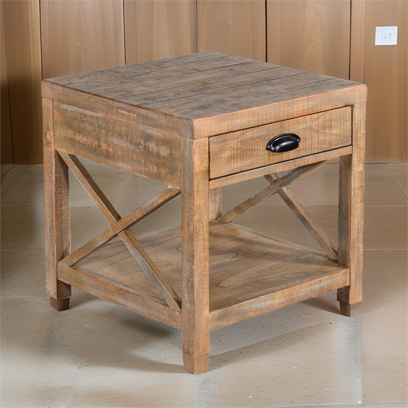 Rany Side End Table- Drawer- Shelf- 22 Inch Square Top- Light Brown