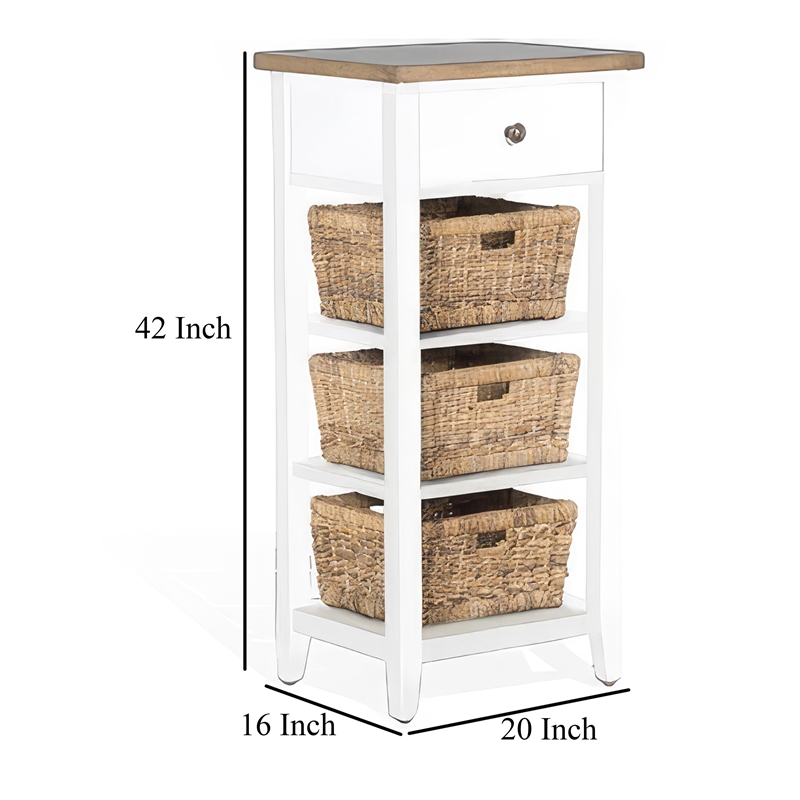 Livy Storage Rack End Table with 3 Natural Brown Rattan Baskets- White