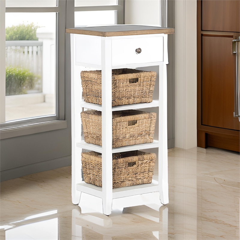 Livy Storage Rack End Table with 3 Natural Brown Rattan Baskets- White