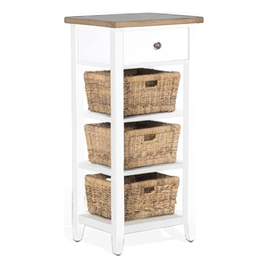 Livy Storage Rack End Table with 3 Natural Brown Rattan Baskets- White