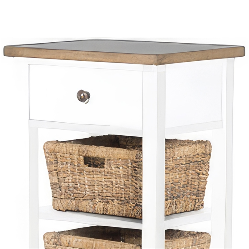 Livy Storage Rack End Table with 3 Natural Brown Rattan Baskets- White