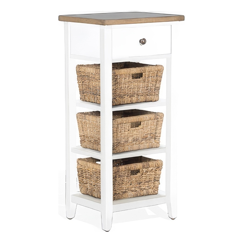 Livy Storage Rack End Table with 3 Natural Brown Rattan Baskets- White