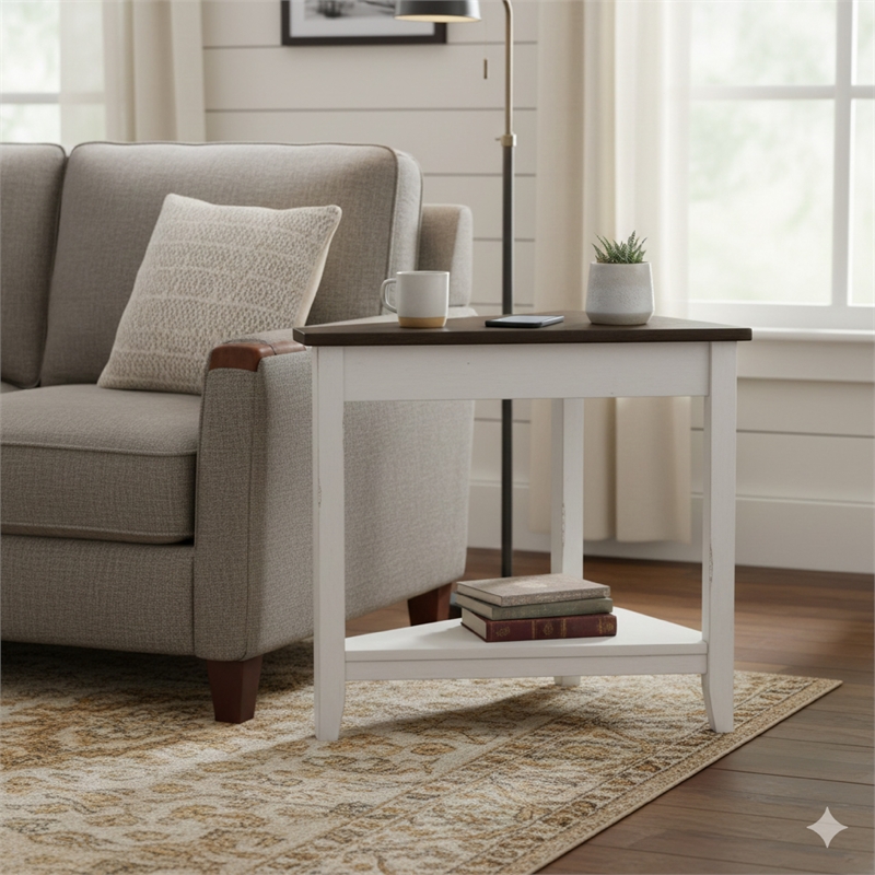 Orso Chairside Table- Shelf- 24 Inch Angled Brown Top- White Mahogany