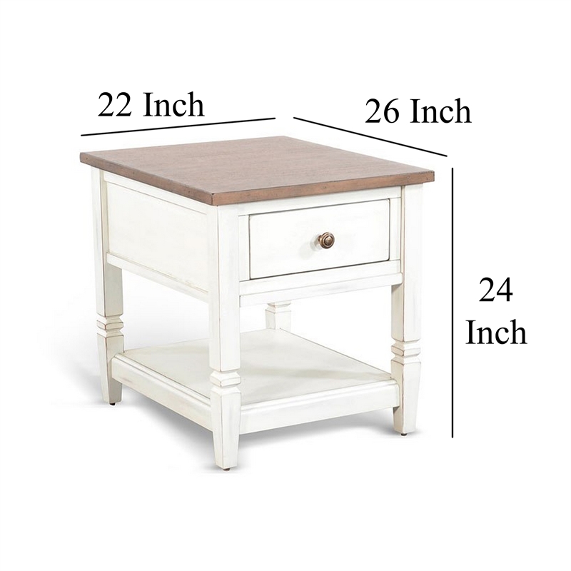 Dean Side End Table w Shelf- Drawer- 26 Inch Rectangular Brown- White