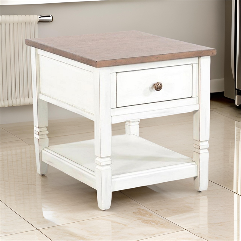 Dean Side End Table w Shelf- Drawer- 26 Inch Rectangular Brown- White