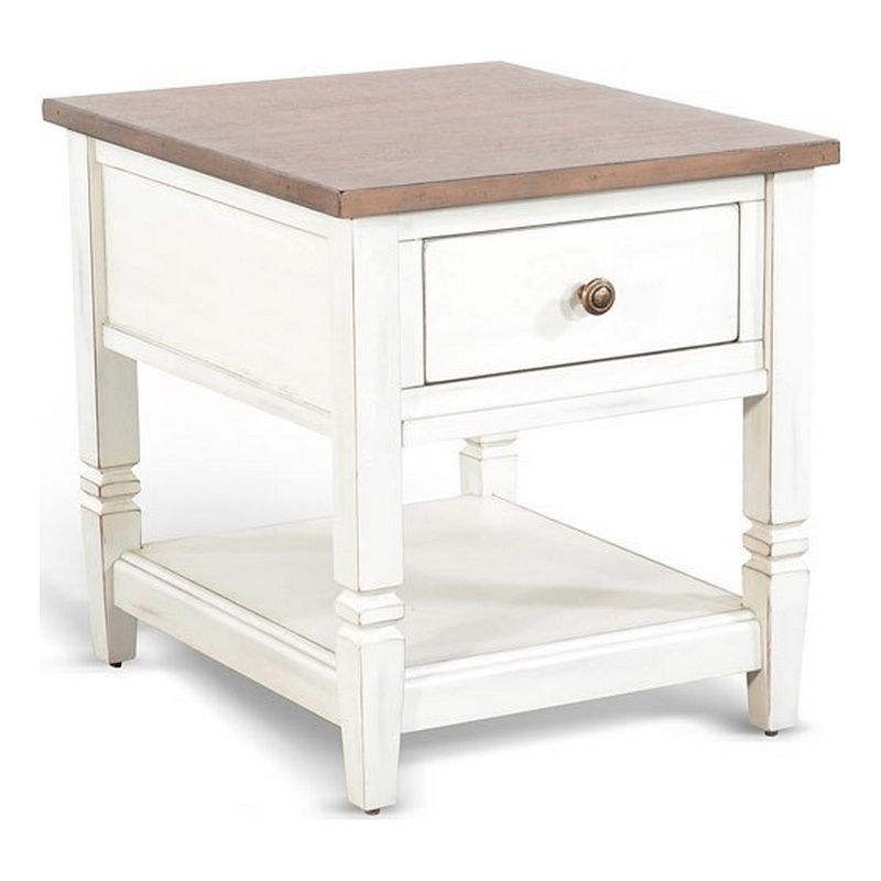 Dean Side End Table w Shelf- Drawer- 26 Inch Rectangular Brown- White