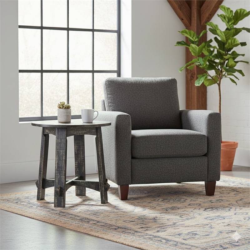 Rena Side End Table- X Legs- 24in Round- Distressed Rustic Black Wood