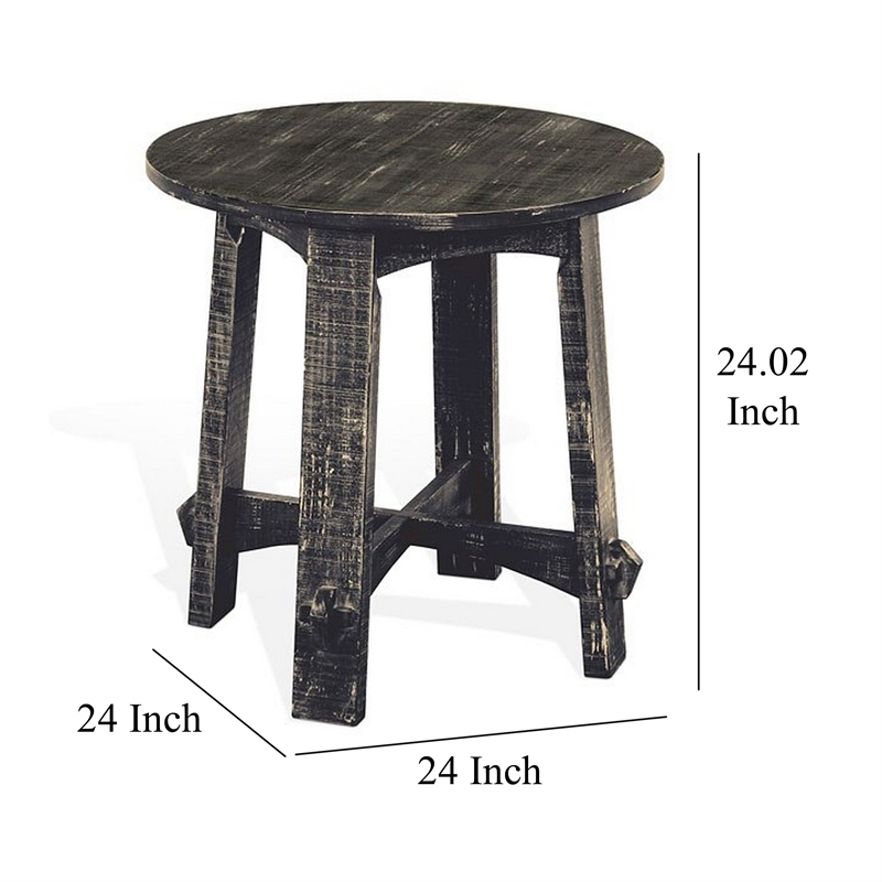 Rena Side End Table- X Legs- 24in Round- Distressed Rustic Black Wood