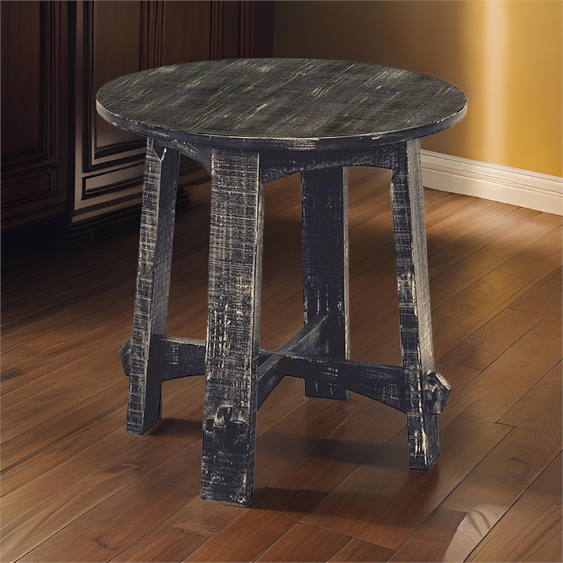 Rena Side End Table- X Legs- 24in Round- Distressed Rustic Black Wood