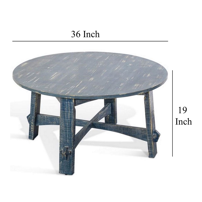 Rena Rustic Coffee Table- 36 Inch Round Top Distressed Ocean Blue Wood