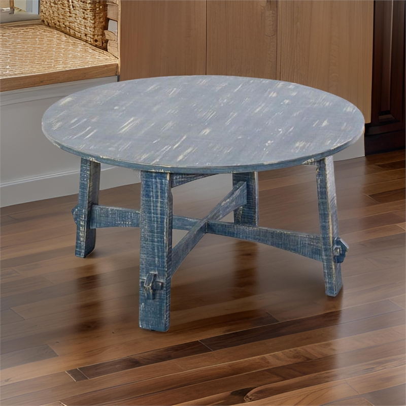 Rena Rustic Coffee Table- 36 Inch Round Top Distressed Ocean Blue Wood