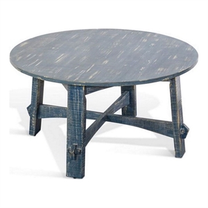 Rena Rustic Coffee Table- 36 Inch Round Top Distressed Ocean Blue Wood