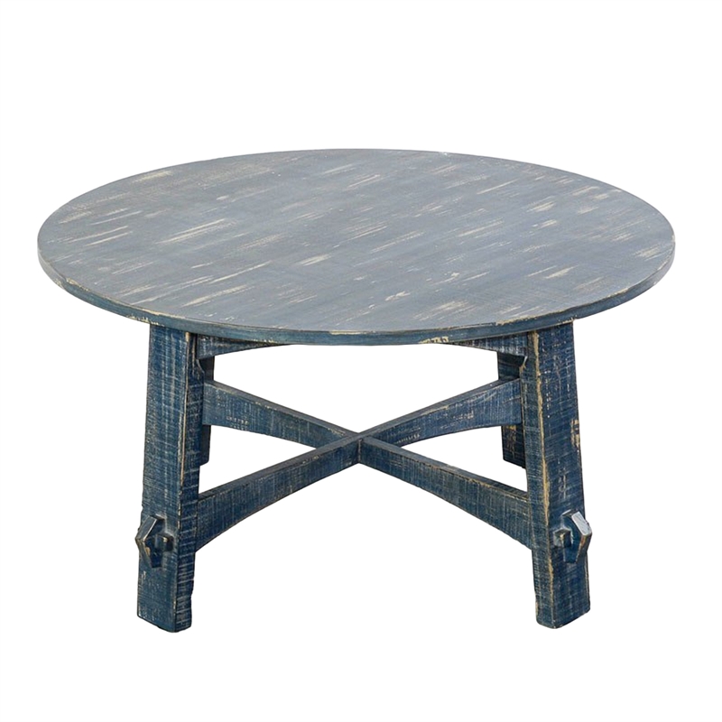Rena Rustic Coffee Table- 36 Inch Round Top Distressed Ocean Blue Wood