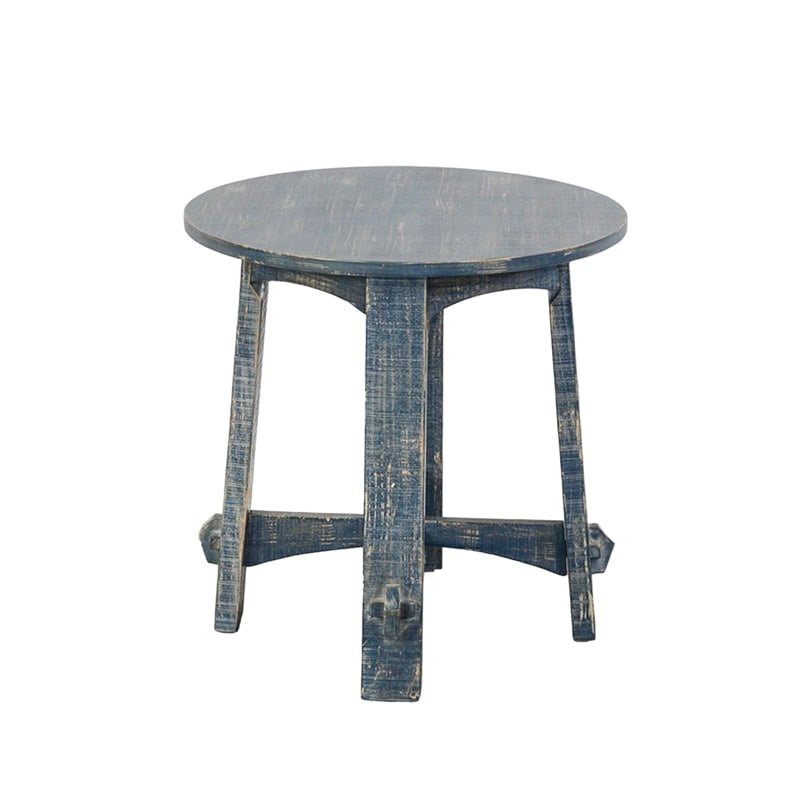 Rena Side End Table- 24 Inch Round Top- Rustic Distressed Blue Wood
