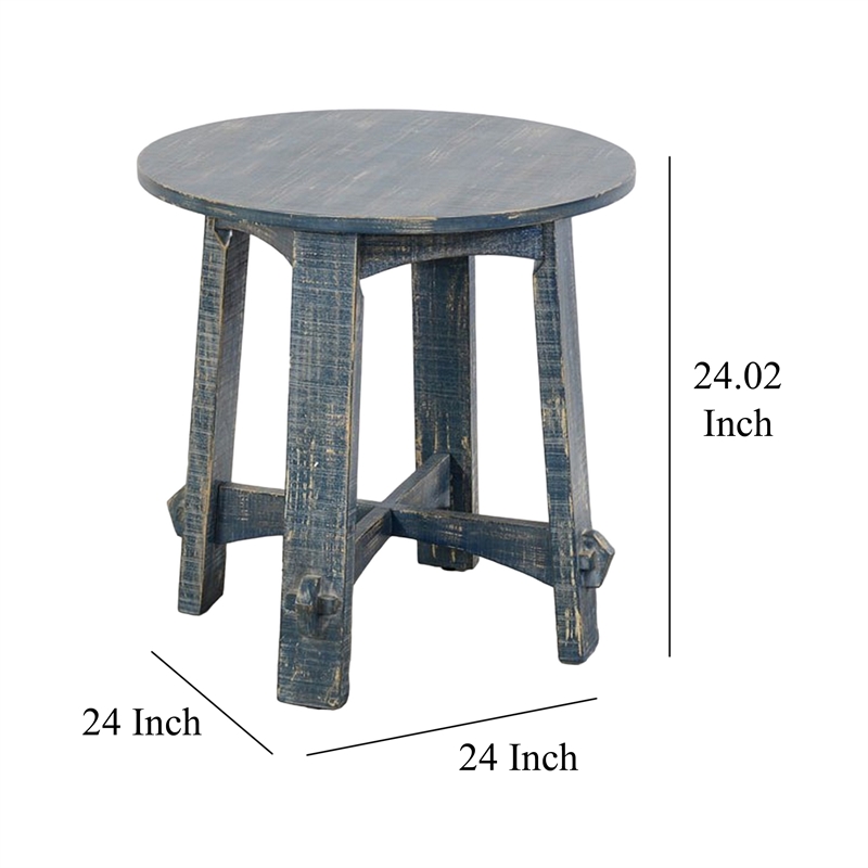 Rena Side End Table- 24 Inch Round Top- Rustic Distressed Blue Wood